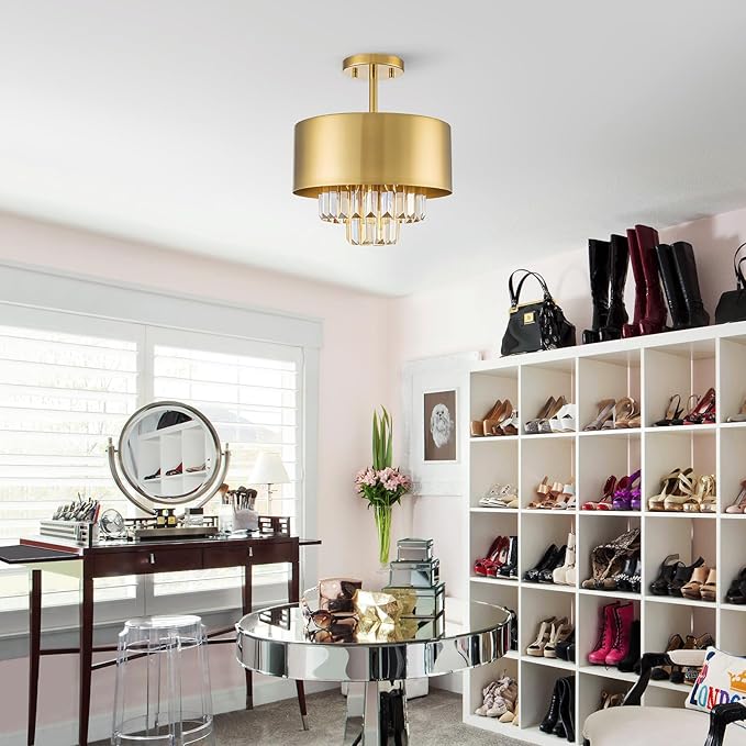 LumFurn 3-Light Luxury K9 Crystal Ceiling Light for Living Room, Foyer, Bedroom, Close to Ceiling Semi-Flushmount Light Fixture, Brass Finish Metal Lampshade & Champagne Crystal Pendant