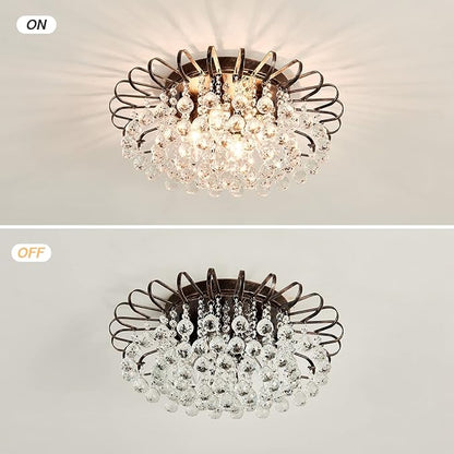 CVKASH 4-Light Crystal Floral Chandelier Modern Bronze Flush Mount Raindrop Crystal Ceiling Lighting Fixture Farmhouse Chandelier for Bathroom Living Room Bedroom Dining Room Entryway