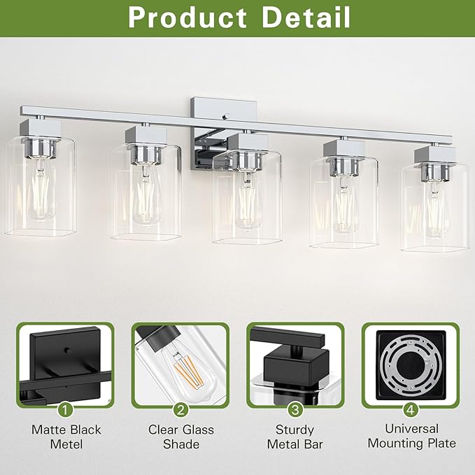 5 Light Bathroom Vanity Light - Chrome Bathroom Light Fixtures Square Design & UL Certification, 31 Inch Bath Room Light Fixtures Over Mirror for Living Room & Bedroom & Restroom