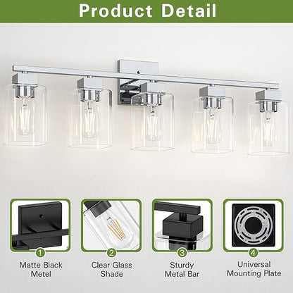5 Light Bathroom Vanity Light - Chrome Bathroom Light Fixtures Square Design & UL Certification, 31 Inch Bath Room Light Fixtures Over Mirror for Living Room & Bedroom & Restroom