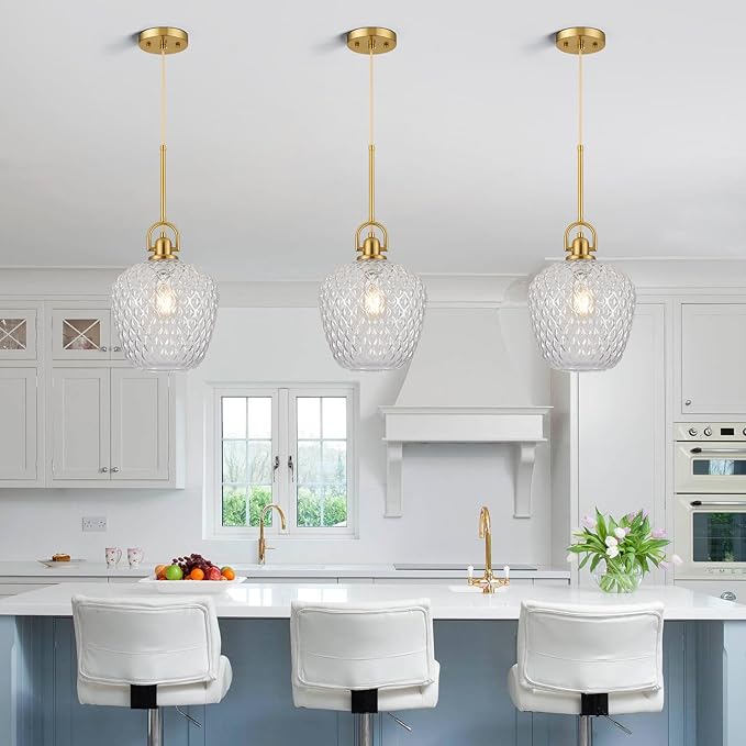 Brushed Gold Pendant Lights Kitchen Island, 10" Large Glass Pendant Light with Hammered Glass, Modern Hanging Lighting Fixtures for Kitchen Island Dining Room Entryway Foyer