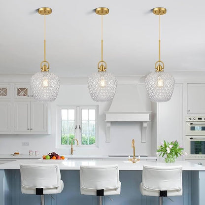 Brushed Gold Pendant Lights Kitchen Island, 10" Large Glass Pendant Light with Hammered Glass, Modern Hanging Lighting Fixtures for Kitchen Island Dining Room Entryway Foyer