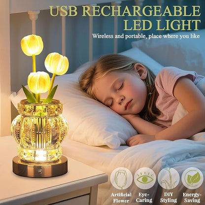 Tulip Table Lamp, Rechargeable Cordless Touch Dimming Artificial Tulip Flower Desk Lamp, LED Crystal Lamp Flower Bedside Night Light, Romantic Gifts for Girl Women Mom (White - Tulip)