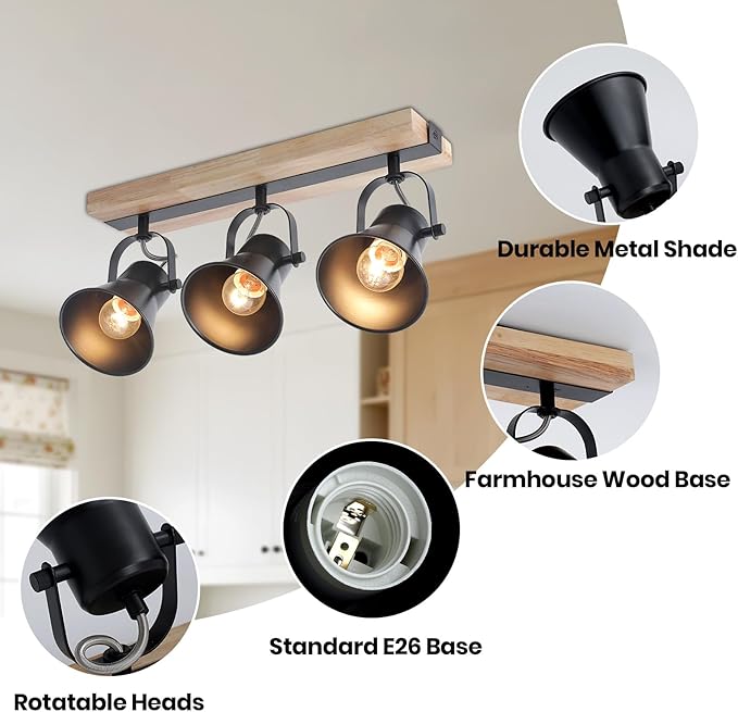 3-Lights Track Lighting Fixtures Ceiling，Farmhouse Wood Flush Mount Ceiling Light, Multi-Directional Kitchen Sink Light, Rustic Track Lighting for Kitchen Living Room, Dining Table, Foyer