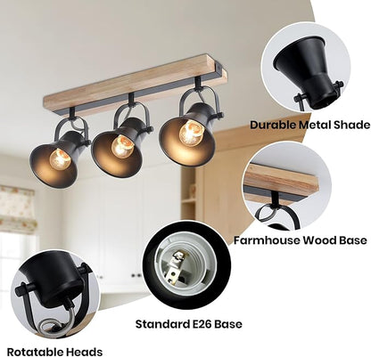 3-Lights Track Lighting Fixtures Ceiling，Farmhouse Wood Flush Mount Ceiling Light, Multi-Directional Kitchen Sink Light, Rustic Track Lighting for Kitchen Living Room, Dining Table, Foyer