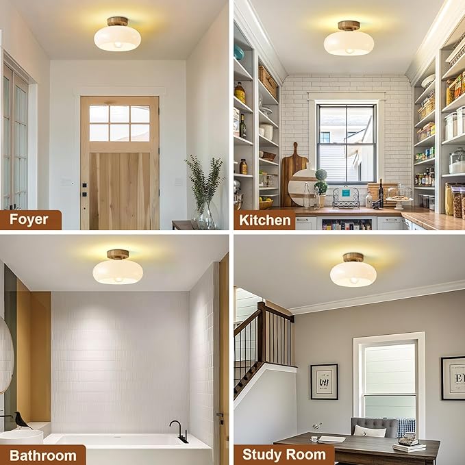 WOKNOS Mid-Century Modern Semi Flush Mount Ceiling Light, Faux Wood Kitchen Ceiling Light Fixture with Glass Shade, Mini White Close to Ceiling Lamp for Entryway Hallway Bathroom (11.0 Inch)