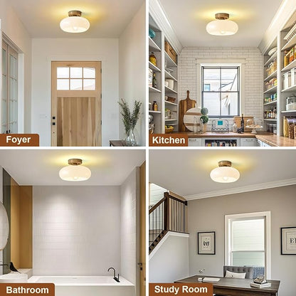 WOKNOS Mid-Century Modern Semi Flush Mount Ceiling Light, Faux Wood Kitchen Ceiling Light Fixture with Glass Shade, Mini White Close to Ceiling Lamp for Entryway Hallway Bathroom (11.0 Inch)