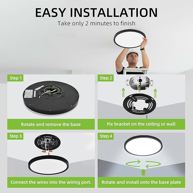 hykolity 12 Inch Selectable CCT LED Round Flat Panel Light, 24W 3000K/4000K/5000K, Edge-Lit Flush Mount Ceiling Light Fixture for Kitchen, Bedroom, Laundry and Closet Room, Black