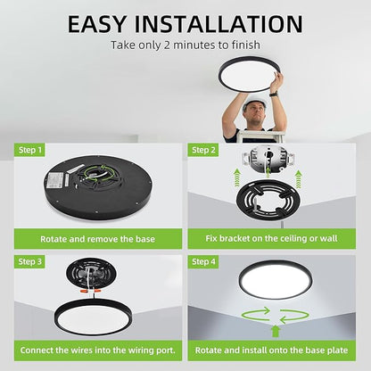 hykolity 12 Inch Selectable CCT LED Round Flat Panel Light, 24W 3000K/4000K/5000K, Edge-Lit Flush Mount Ceiling Light Fixture for Kitchen, Bedroom, Laundry and Closet Room, Black