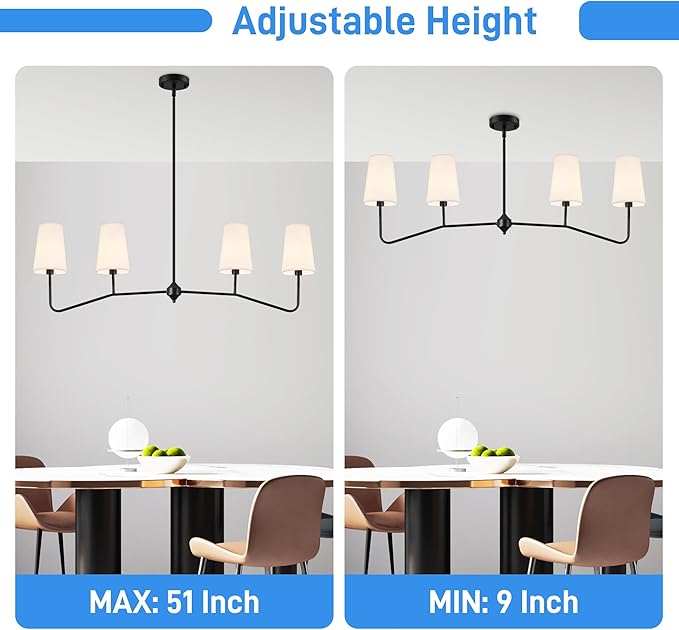 47" Modern Linear Chandelier, 4-Light Black Pendant Light with Fabric Shades, Adjustable Height Ceiling Light Fixture for Kitchen Island, Dining Room, Living Room, Bedroom, ETL Listed