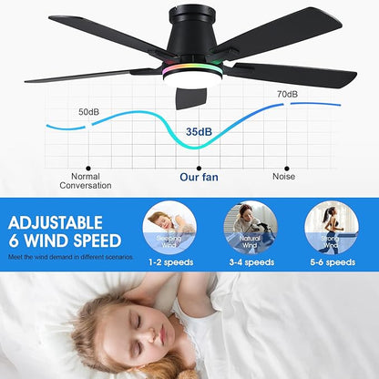 Surtime 52" Ceiling Fans with RGB Lights-Low Profile Ceiling Fan with Light and Remote/APP Control,Flush Mount,DC Reversible,LED Dimmable Black Ceiling Fans for Bedroom,Indoor/Outdoor Patio Use