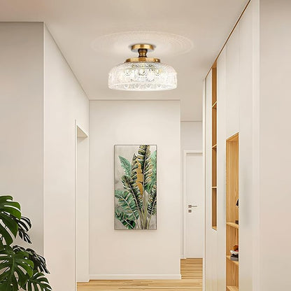 Lamomo Semi Flush Mount Ceiling Light, 3 Light Hallway Light Fixture, 12 Inch Antique Brass Gold Globe Glass Close to Ceiling Scone,Indoor Hanging Lantern for Bedroom Kitchen Porch Hallway