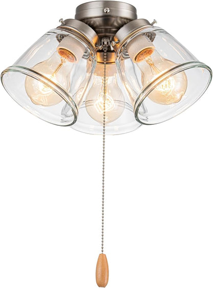 Aspen Creative 22011-1, Three-Light Ceiling Fan Light Kit with Pull Chain, Brushed Nickel Finish with Clear Glass Shades, 13-1/8" Diameter x 6-3/4" Height