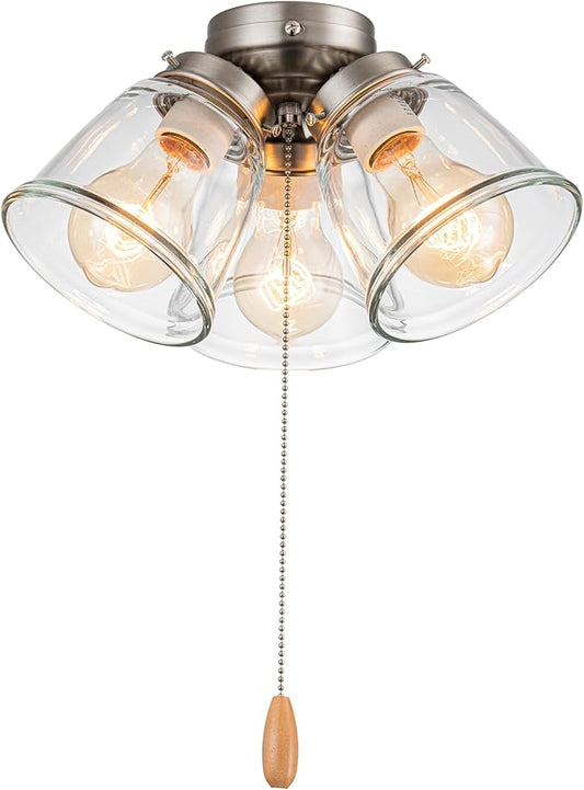Aspen Creative 22011-1, Three-Light Ceiling Fan Light Kit with Pull Chain, Brushed Nickel Finish with Clear Glass Shades, 13-1/8" Diameter x 6-3/4" Height