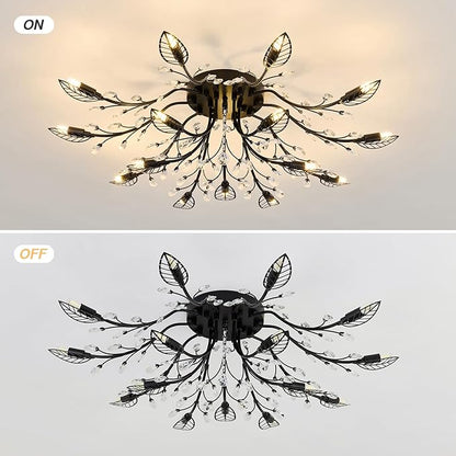 CVKASH 15 Light Vintage Small Crystal Chandelier Modern Branche Semi Flush Mount Ceiling Light Fixture Black Chandelier Lighting for Kitchen Bedroom Living Room Dining Room Hallway Foyer