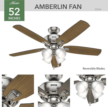 Hunter 52 inch Indoor Ceiling Fan with LED Lights - Ceiling Fan with Pull Chain, For Bedroom or Living Room, Standard Mount, No Remote, 5 Blades, Includes Bulbs - Amberlin 53216, Brushed Nickel