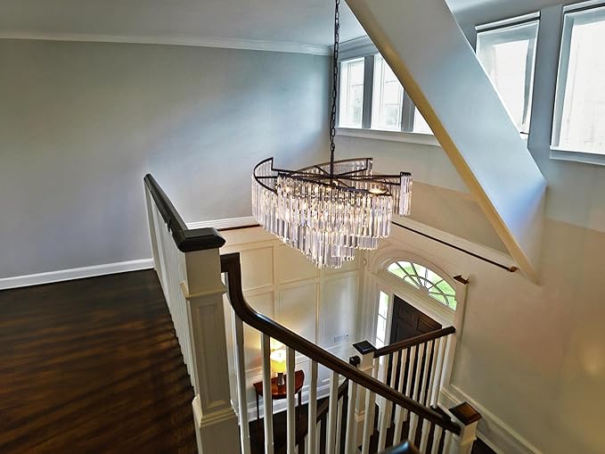 TOCHIC Black Crystal Chandeliers, 9 Lights Modern Farmhouse Chandeliers for Bedroom, Dining Room Light Fixture Spiral Design, High Ceiling Chandelier for Living Room, Entryway, 31.49" L