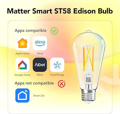OREiN Matter Smart Light Bulb, ST19(58) Smart Edison Bulbs with Remote Control Work with Apple Home, Alexa, Google Home, SmartThings, 800lm 2700K-6500K Smart Filament Bulb E26 Base 6Pack