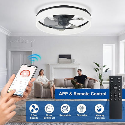 DLLT LED Ceiling Fan with Light: 16" Modern Low Profile Flush Mount Fandelier with App & Remote Control - Dimmable Black Bladeless Fan Light Fixture for Bedroom Kids Room Living Room