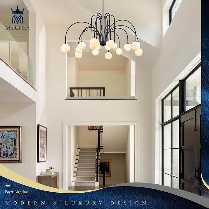 18 Lights Extra Large Sputnik Chandelier L59’’ Mid Century Black Milk Glass Globe Ceiling Pendant Light Fixture Contemporary for Foyer Staircase Living Dining Room High Ceiling