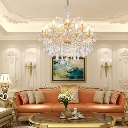 Large Crystal Chandelier for High Ceiling, 15 Lights 2 Layers Maria Theresa Crystal Chandelier Modern Luxury Gold Chandelier Lighting Fixture for Dining Room, Living Room, Foyer, Staircase