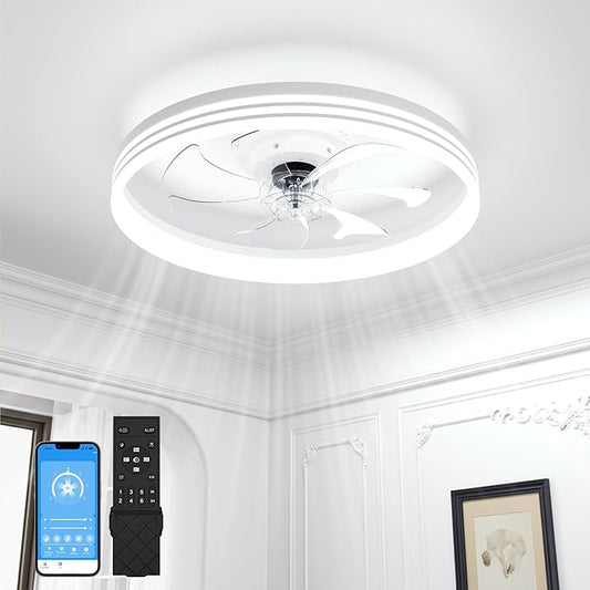 VOLISUN Low Profile Ceiling Fans with Lights and Remote, 23.6in Flush Mount Ceiling Fan with Light, 3000K-6500K Dimmable Fandelier LED Fan Light, White Bladeless Ceiling Fans with Lights for Bedroom