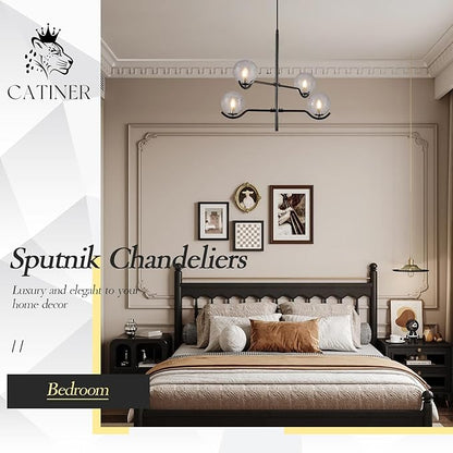 CATINER Modern Black Sputnik Chandelier, Large 4 Lights L31 '' Mid Century Long Ceiling Pendant Light with Smoke Gray Glass Globe Shades for High Ceiling Living Dining Room Foyer Bedroom
