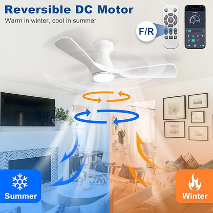 DLLT 42-Inch Ceiling Fans with Lights: Flush Mount Ceiling Fan 3 Blades for Indoor Outdoor - White Ceiling Fan with Remote APP Control Noiseless for Low Profile Bedroom