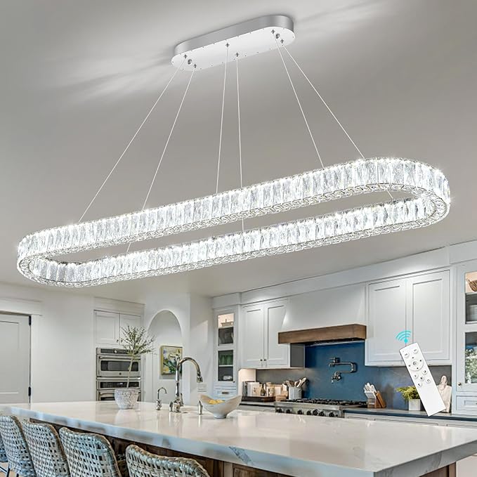 HAIXIANG Crystal 59 Inch Long Chandelier Modern Dimmable LED Chandeliers for Dining Table Pendant Lights Rectangular Glam Lighting Fixtures for Dining Room Kitchen Island Silver