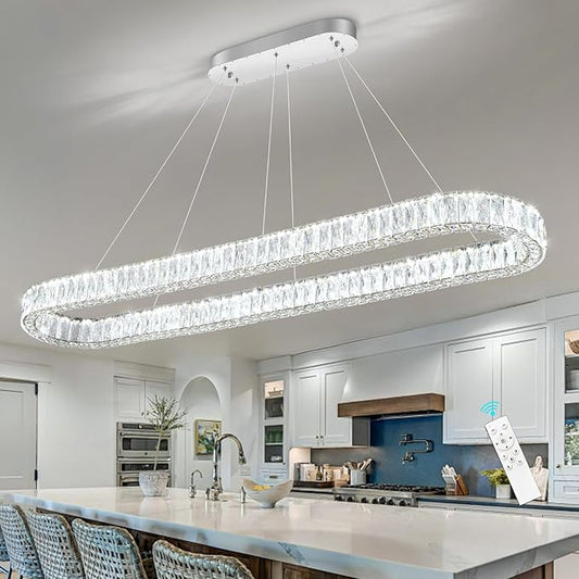 HAIXIANG Crystal 59 Inch Long Chandelier Modern Dimmable LED Chandeliers for Dining Table Pendant Lights Rectangular Glam Lighting Fixtures for Dining Room Kitchen Island Silver