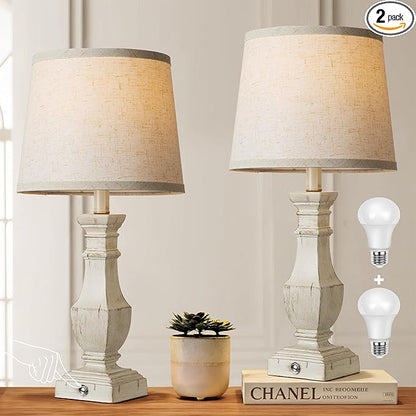 ROTTOGOON Dimmable Table Lamps Set of 2, Rustic Farmhouse Table Lamps for Living Room Bedroom, Bedside Desk Lamps for End Tables, Touch Lamps for Nightstand, 9W Bulbs Included, 22", Antique White