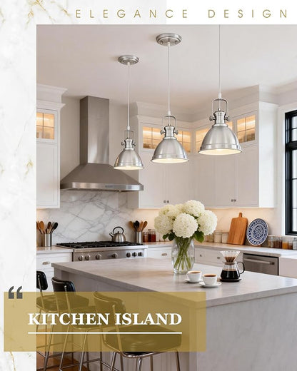2-Pack Pendant Lights Kitchen Island, 8" Farmhouse Hanging Lights Fixtures with Metal Shade, Rustic Kitchen Pendant Lighting Over Island for Dining Room, Brushed Nickel, AD-2151-2PM-SN