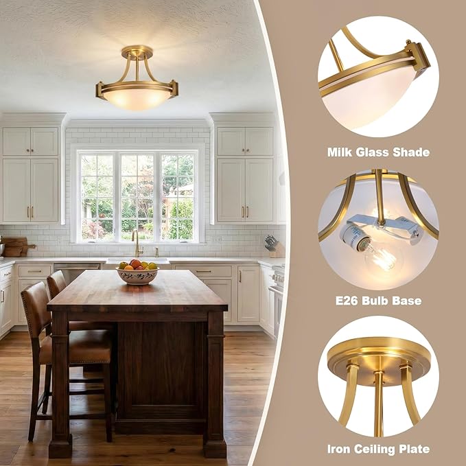 Bektas Modern Semi Flush Mount Ceiling Light Fixture 16 inch Gold Traditional Fixture with Milk Glass for Bedroom Kitchen Bathroom Hallway Foyer Living Room Entryway Brass ETL Listed