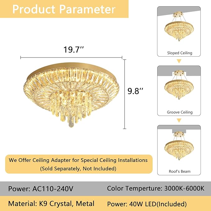 Crystal Chandelier 40W Modern Round Ceiling Light Fixture LED Raindrop Chandeliers Dimmable with Remote for Dining Room Living Room Entryway Hallway Bedroom Gold