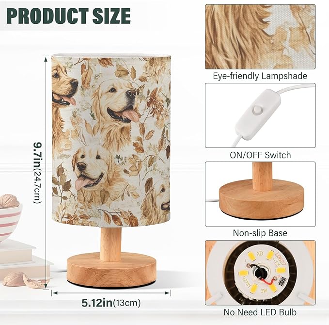 Bedside Table Lamp Fall Golden Retriever Dog Leaves Nightstand Lamp with Wood Desk Lamps for Bedroom Living Room Nursery Office Home Decor