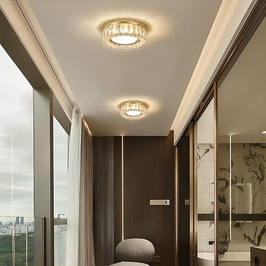 Gold Luxury Crystal Flush Mount Ceiling Lighting Fixture,11 Inch Small Dimmable LED Chandelier,5CCT 3000K-6000K 24W Modern Round Close to Ceiling Light for Hallway,Kitchen,Bedroom,Laundry Room