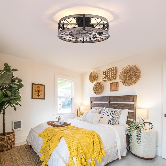 24" Farmhouse Caged Ceiling Fans with Lights Flush Mount, Rustic Low Profile Ceiling Fan with Light and Remote, Quiet Reversible DC Motor Bladeless Enclosed Ceiling Fan for Bedroom Kitchen Dining Room