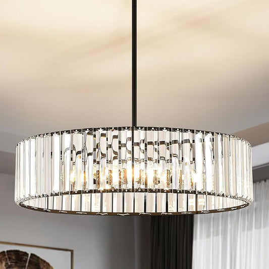 YURNYQ Black Crystal Chandelier for Dining Room, 6-Light Modern Semi Flush Mount Chandelier Lighting Fixtures, Round Kitchen Hanging Drum Pendant Lights Ceiling for Living Room Bedroom Foyer, 19.6Inch
