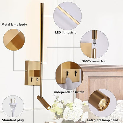 Modern Plug in Wall Sconce Indoor Ambient Lighting for Bedroom, Gold LED Wall Mounted Reading Lamp with Switch, Corded Minimalist Linear Wall Light with 5.9FT Clear Cord for Living Room Corner Hallway