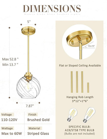 8 Inch Modern Farmhouse Pendant for Kitchen Island, Adjustable Height Hanging Fixture with Ribbed Glass, Gold Finish, Dining Room Entryway - PL101SBG-L
