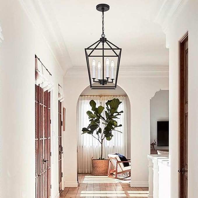 MELUCEE 4-Light Farmhouse Cage Pendant Light in Oil Rubbed Bronze Vintage Chandelier Lantern Hanging Light Fixtures Ceiling with White Candle-Shaped Socket for Kitchen Island, Dining Room, Foyer