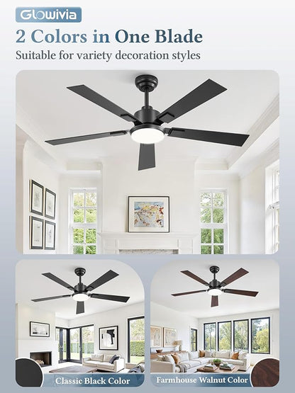 52 Inch Ceiling Fans with Lights and Remote&APP Control, Black Smart Ceiling Fan with 3000-6000K Dimmable, 6 Speeds Quiet Reversible Motor, Indoor/Outdoor Ceiling Fan for Bedroom Living Room
