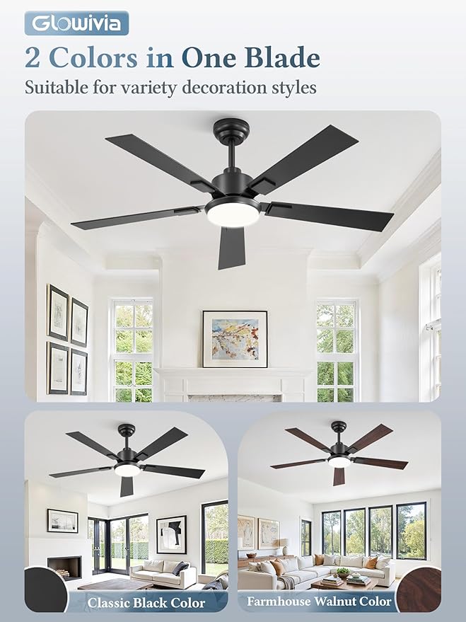 2 Pack 52 Inch Ceiling Fans with Lights and Remote&APP Control, Black Smart Ceiling Fan with 3000-6000K Dimmable, 6 Speeds Reversible, Indoor/Outdoor Ceiling Fan for Bedroom Living Room