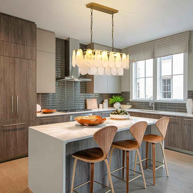 KELUOLY Gold Rectangle Chandeliers for Dining Room Modern Island Light Crystal Cloud Glass 8-Light Chandelier 2 Tier Rectangular Linear Pendant Hanging Ceiling Light Fixture for Kitchen L31.5” (E12)