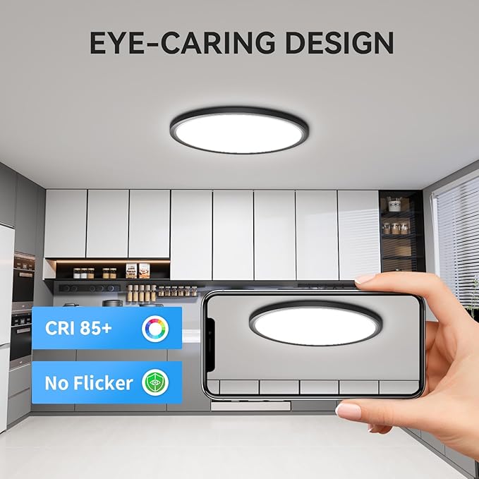 WKONCLDY 4700lm LED Flush Mount Ceiling Light, Super Slim 16 inch LED Ceiling Light, 5000K LED Ceiling Light for Bedroom, Living Room, Dining Room (Black, One Pack)