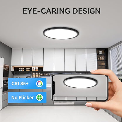 WKONCLDY 4700lm LED Flush Mount Ceiling Light, Super Slim 16 inch LED Ceiling Light, 5000K LED Ceiling Light for Bedroom, Living Room, Dining Room (Black, Two Pack)