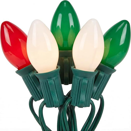 C7 Red White and Green Christmas Lights, 25Ft Vintage Christmas Lights with 27 Ceramic Bulbs, Connectable Xmas Tree Lights Waterproof for Outdoor Roofline Winter Party Holiday Wedding Christmas Decor