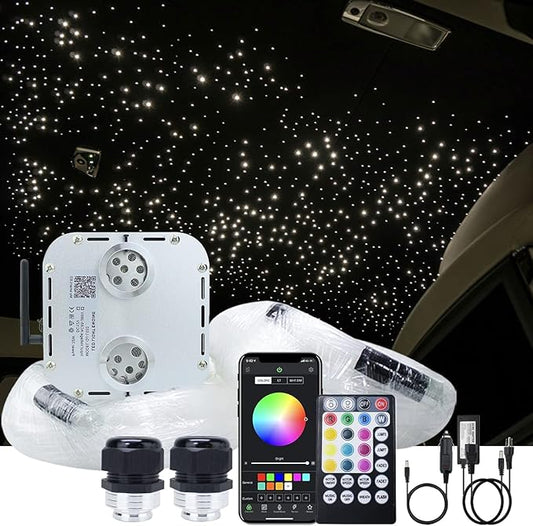 AKEPO 32W RGBW Twinkle+APP+Sound Activated Dual Head Fiber Optic Lights Kit, Star Ceiling Sky Light Total 1110pcs of 16.4ft/5m Mixed Fiber Optic Strands for Home Indoor Decor/Car Headliner Starlight