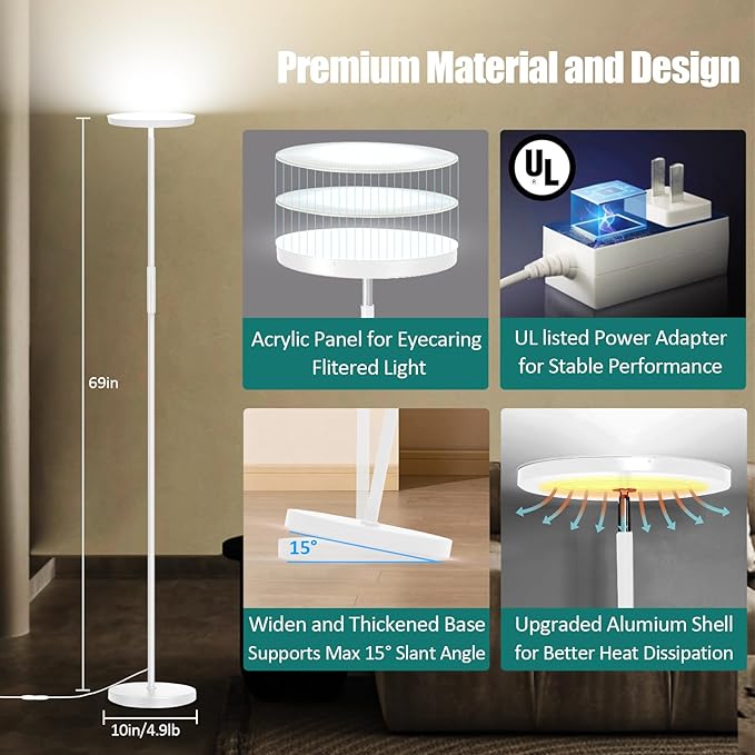mukuxin Floor Lamp, Upgraded 40W 4000LM Super Bright Torchiere LED Floor Lamps for Living Room, Stepless Dimmable Color Temperature 2700K-6500K with Remote & Touch Control, Standing Light (40W White)
