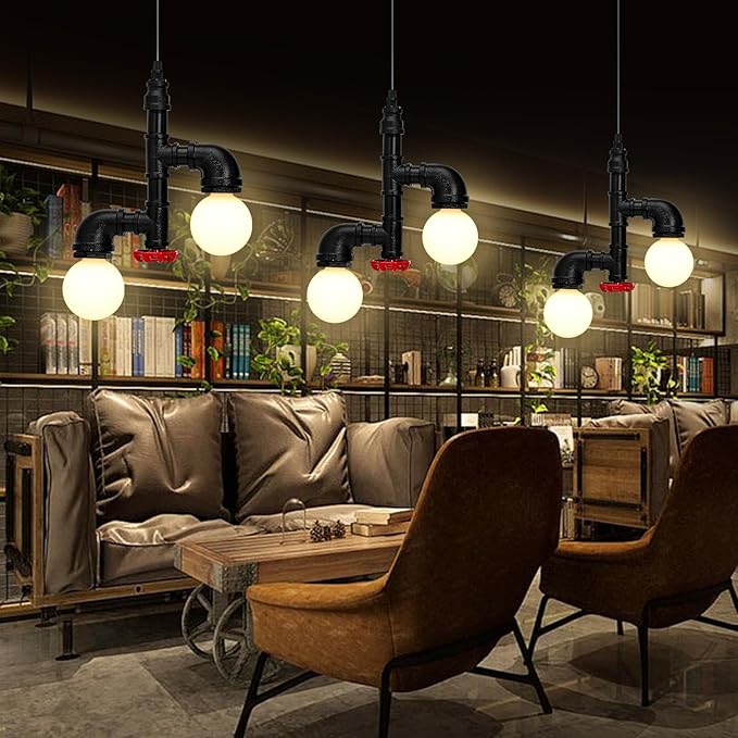 Kawell Vintage Pendant Light Fixtures Industrial Retro Ceiling Chandelier Creative Water Pipe Hanging Light Fixtures Art Deco Iron E26 60W Max for Bedroom Cafe Bar Restaurant Kitchen, Black Color